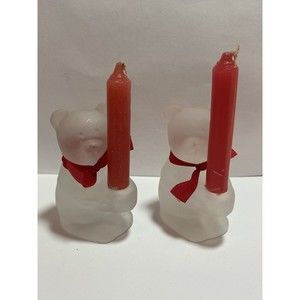 2 Vintage Madison Ave Christmas Frosted Glass Teddy Bear Candle Holders NEW 90s
